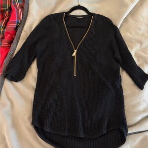 Express Black V-Neck Sweater with Gold Zipper